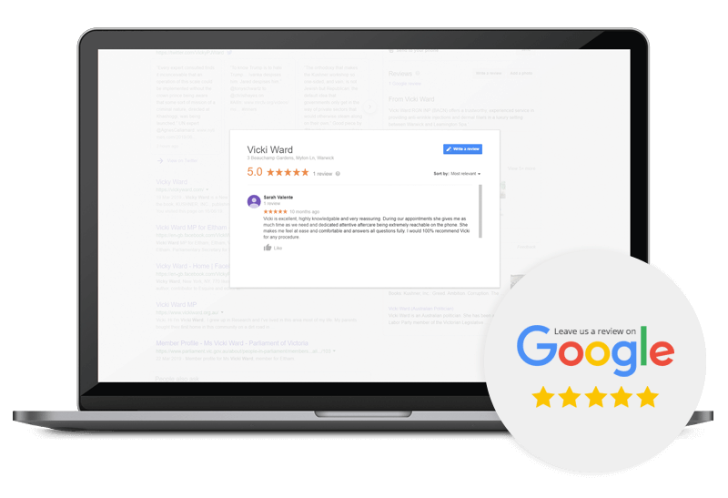 laptop screen with vicki ward google review